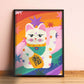 Bright Funky Kids Print, Rainbow Lucky Cat, Kids Art Prints, Good Luck Art Print, Colourful Rainbow Poster, A5, A4, A3 Kids Wall Art,