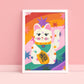 Bright Funky Kids Print, Rainbow Lucky Cat, Kids Art Prints, Good Luck Art Print, Colourful Rainbow Poster, A5, A4, A3 Kids Wall Art,