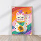 Bright Funky Kids Print, Rainbow Lucky Cat, Kids Art Prints, Good Luck Art Print, Colourful Rainbow Poster, A5, A4, A3 Kids Wall Art,