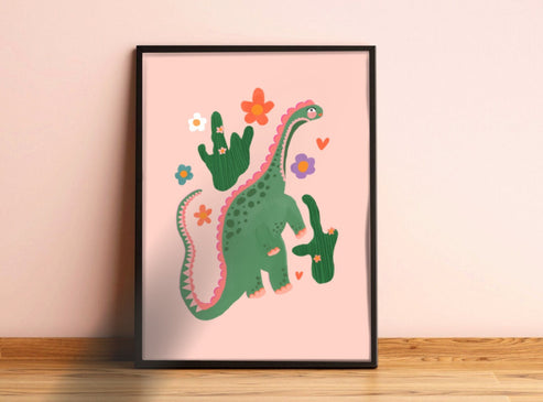 Cute Dino / Girls Dinosaur Print / Pink Dino / Nursery Art / Kids Room / Art / Print / Gifts for Her / kids / Rainbow / Colour Pop / Bright