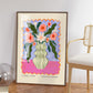 Maximalist Greeen Stripe Floral Vase Art Print, Floral Art Poster, Colourful Art Work, Vibrant Art Print, Flowers in Vase, Pretty Pink Art