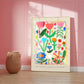 The Earth Laughs, Hand Drawn Abstract Flower Drawing, Floral Art Print, Maximalist Art Print, Colourful Home Decor, Pink Home Decor,