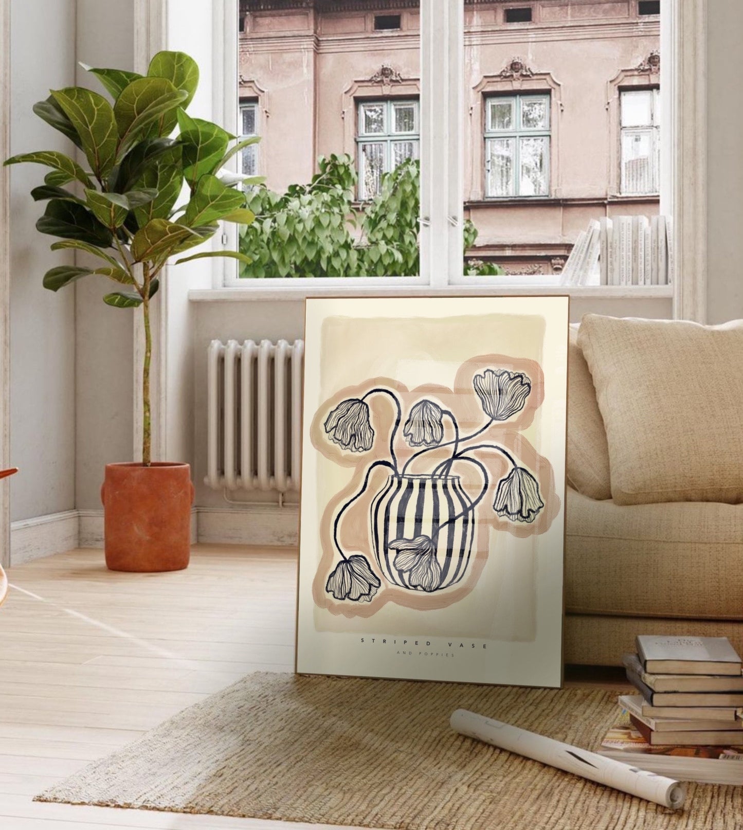 Blue and Cream Poppy Vase | Unframed