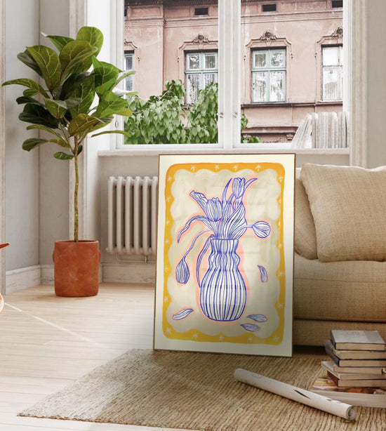 Blue Tulip Vase with yellow border, Colourful Quirky Handrawn Art, Bright Colourful Art Print, Modern Art Print, Gallery Wall, Boho,