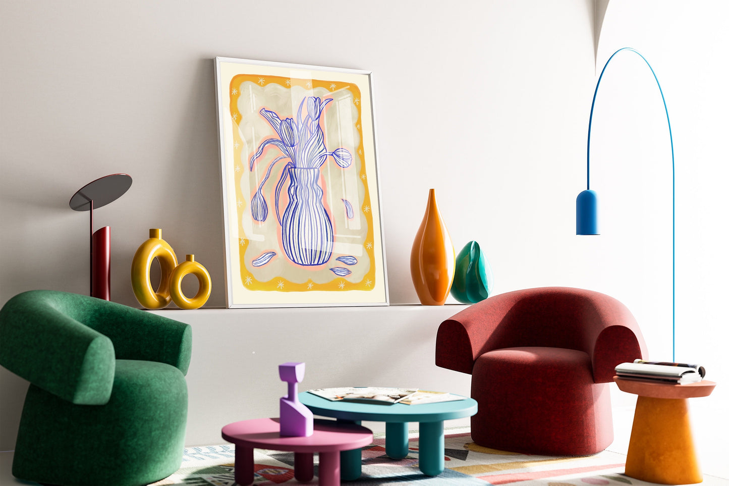 Blue Tulip Vase with yellow border, Colourful Quirky Handrawn Art, Bright Colourful Art Print, Modern Art Print, Gallery Wall, Boho,