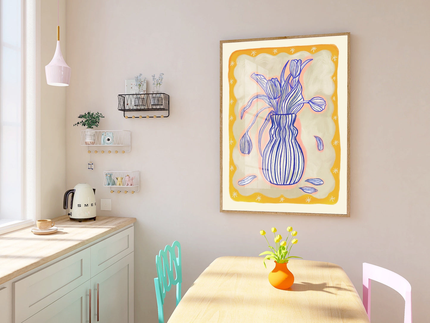 Blue Tulip Vase with yellow border, Colourful Quirky Handrawn Art, Bright Colourful Art Print, Modern Art Print, Gallery Wall, Boho,