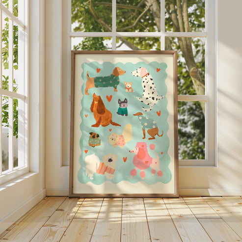 Puppy Love Blue / kids dog illustration / Nursery Art / Kids Room / Print / Gifts for Her / kids / dog poster / Colour Pop / Bright