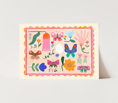 Butterflies and Flowers Landscape Print / Flower illustration / Eco / Nursery Art / Kids Room / Art / Print / kids / Flowers / Colour Pop