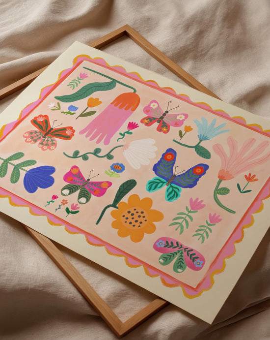 Butterflies and Flowers Landscape Print / Flower illustration / Eco / Nursery Art / Kids Room / Art / Print / kids / Flowers / Colour Pop