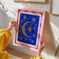 La Luna: Colourful Hand-Drawn Modern Wall Art, Eclectic, Print, Wall Art, Blue, Celestial, Moon