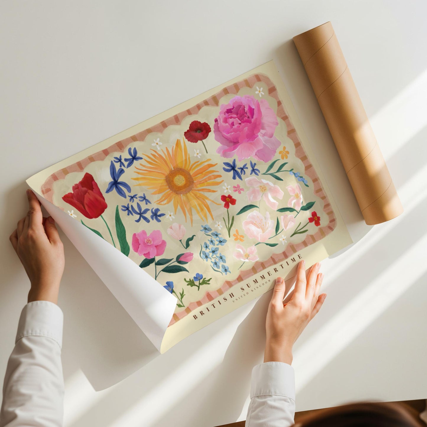 British Summertime Landscape Floral Art Print: Hand Drawn Colorful Flowers