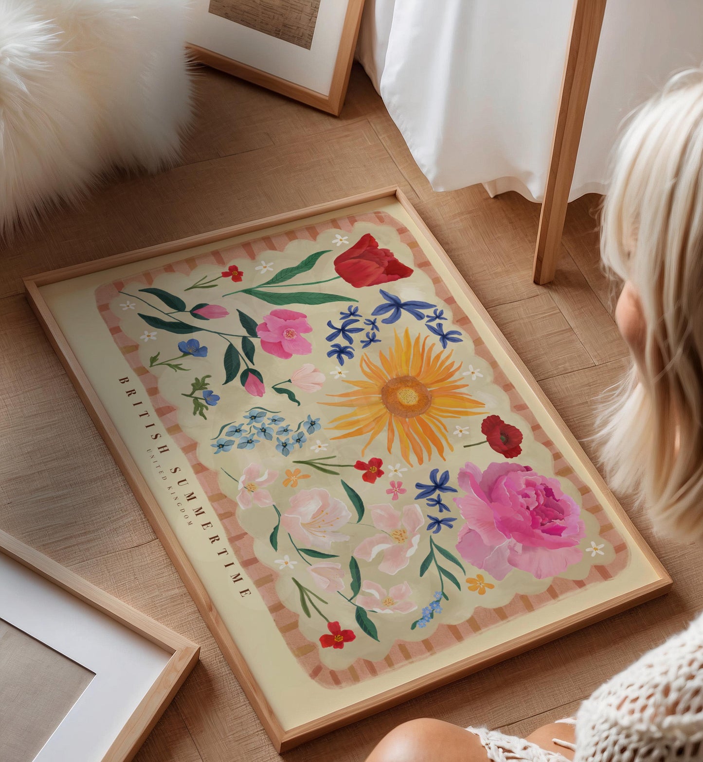 British Summertime Landscape Floral Art Print: Hand Drawn Colorful Flowers