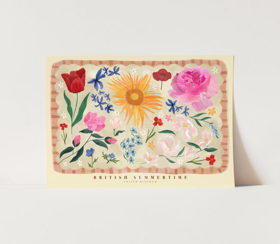 British Summertime Landscape Floral Art Print: Hand Drawn Colorful Flowers
