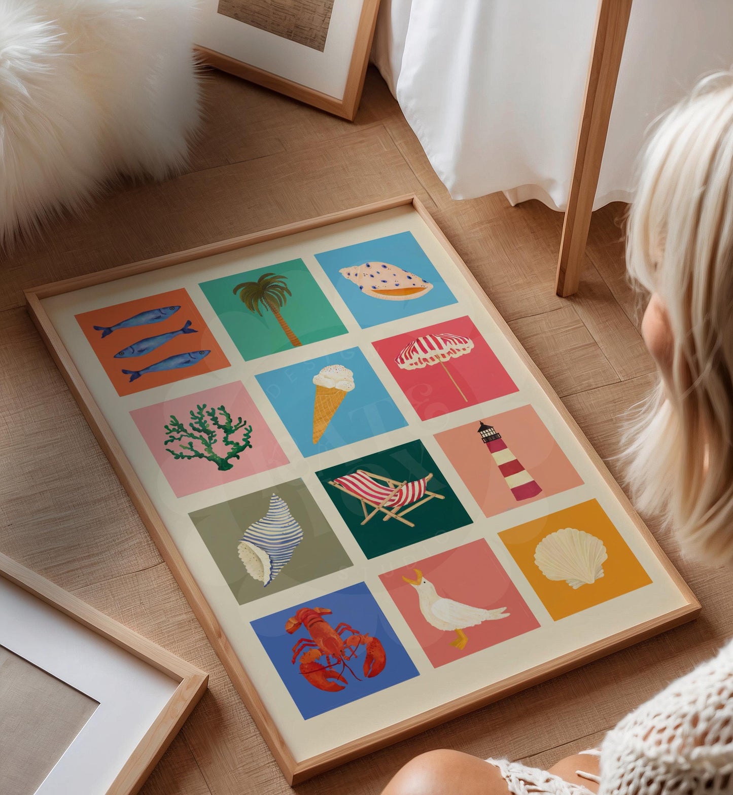 Seaside Art Print: Colourful Handrawn Illustration, Bedroom, Bathroom,, Hallway, Colourful
