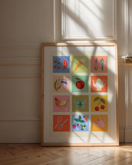English Country Garden Art Print: Colourful Handrawn Illustration, Bedroom, Colourful