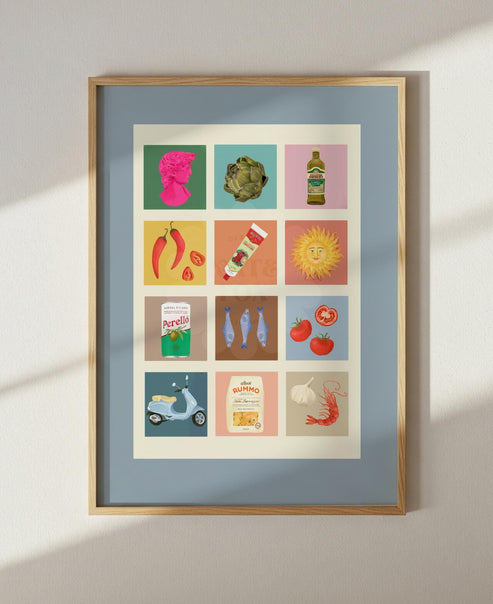 Italian Summer Art Print: Colourful Handrawn Illustration, Bedroom, Kitchen, Hallway, Colourful