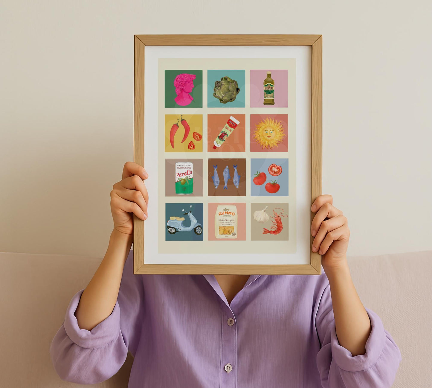 Italian Summer Art Print: Colourful Handrawn Illustration, Bedroom, Kitchen, Hallway, Colourful
