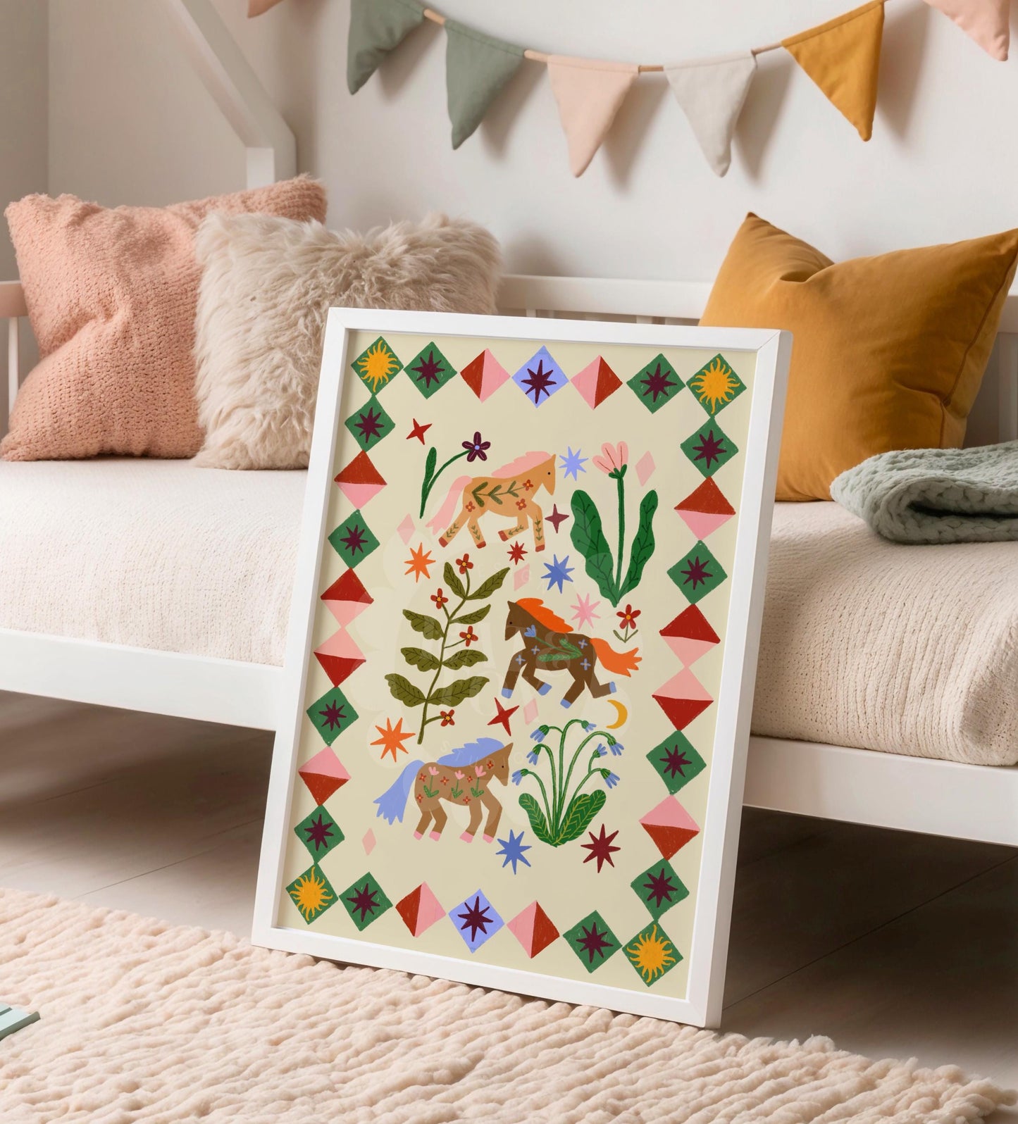 Folk Horses Illustration: Colour Pop Nursery Art Print