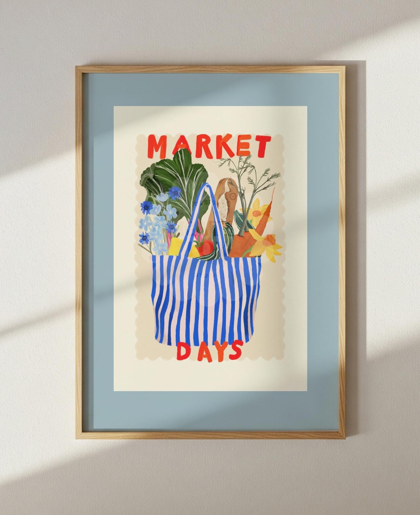 Hand Drawn Market Days Art Print: Colourful Fruit Market Decor, Vegetable, Stripes,