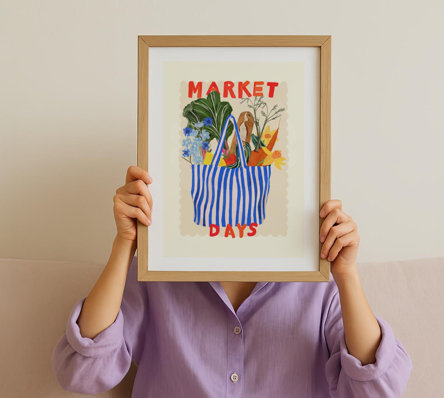 Hand Drawn Market Days Art Print: Colourful Fruit Market Decor, Vegetable, Stripes,