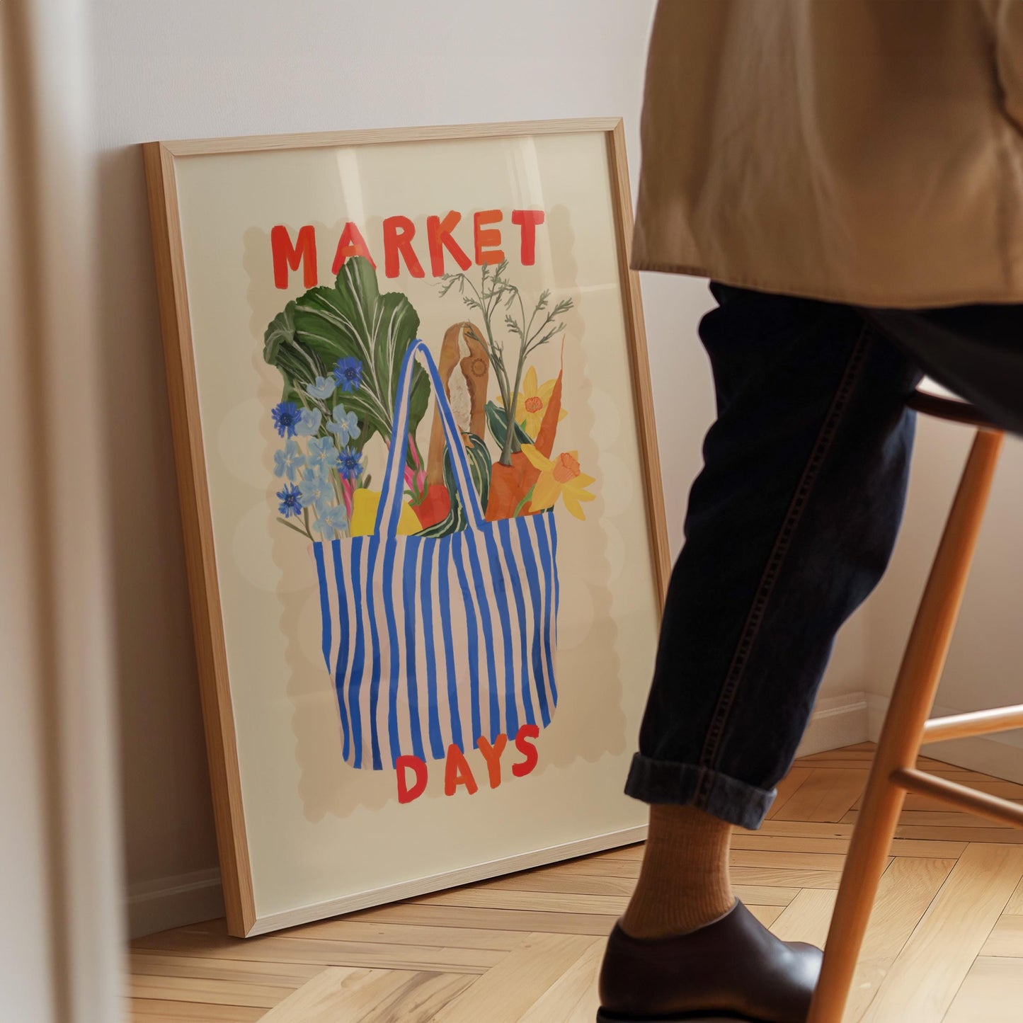 Hand Drawn Market Days Art Print: Colourful Fruit Market Decor, Vegetable, Stripes,