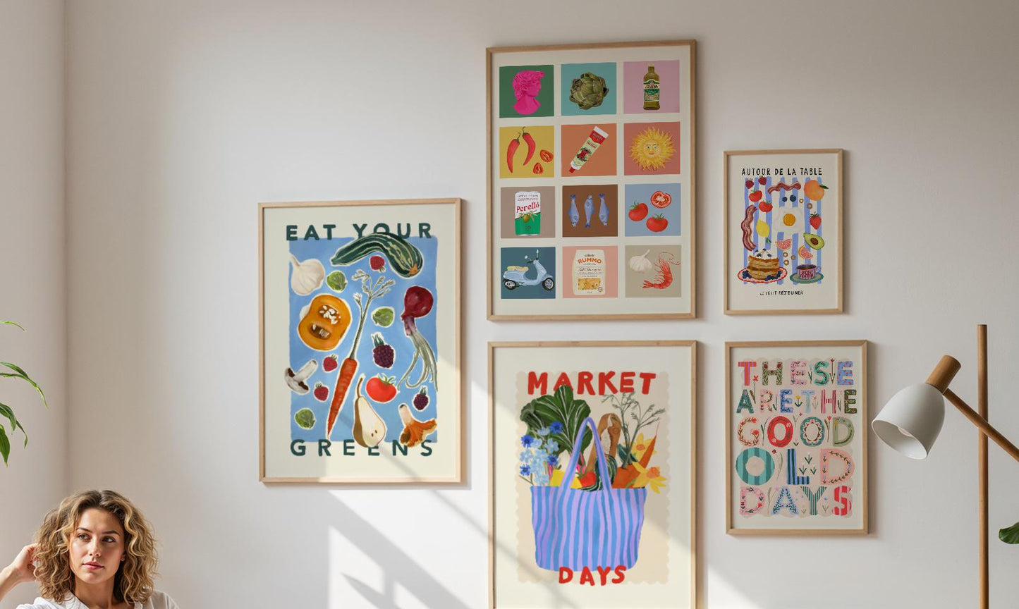 Hand Drawn Market Days Art Print: Colourful Fruit Market Decor, Vegetable, Stripes,