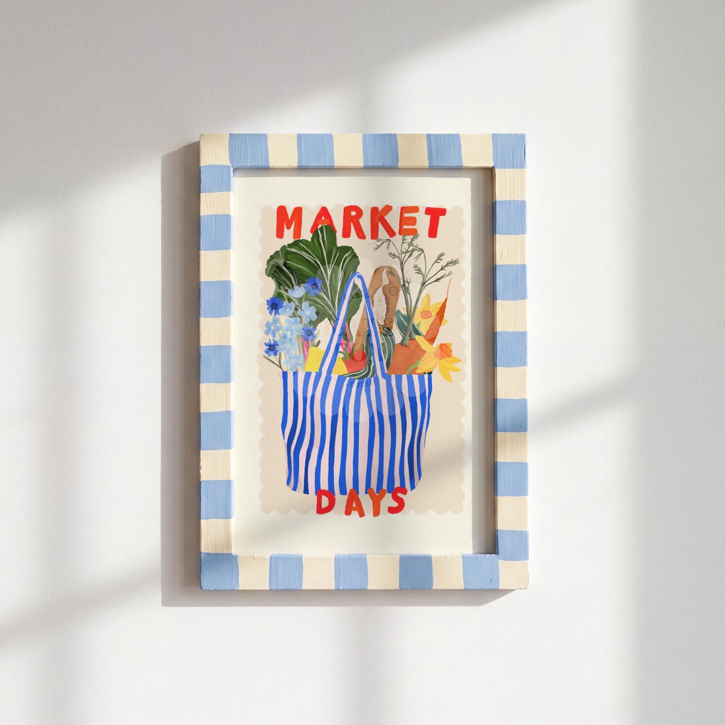 Hand Drawn Market Days Art Print: Colourful Fruit Market Decor, Vegetable, Stripes,