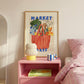 Hand Drawn Market Days Art Print Red: Colourful Fruit Market Decor, Vegetable, Stripes,