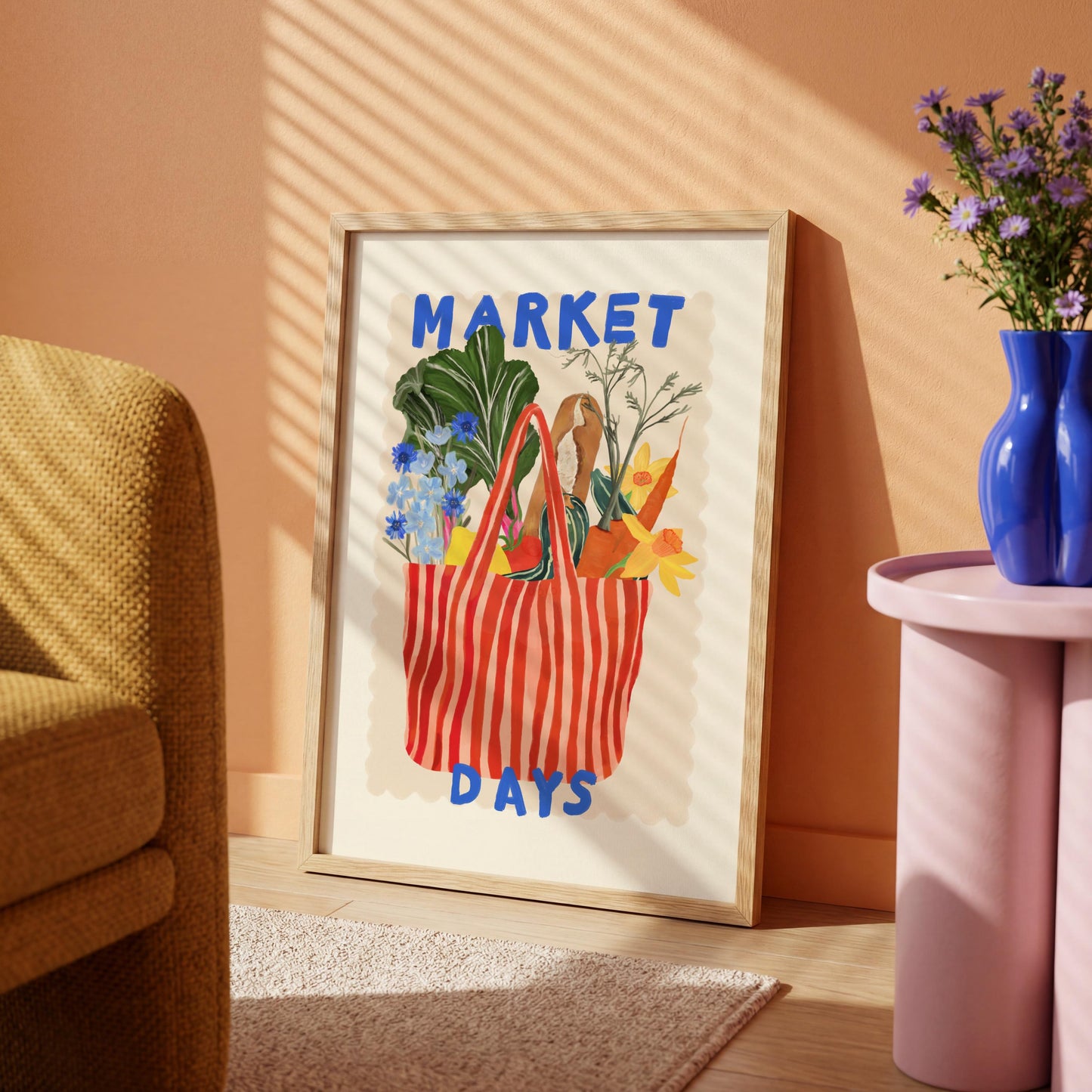 Hand Drawn Market Days Art Print Red: Colourful Fruit Market Decor, Vegetable, Stripes,