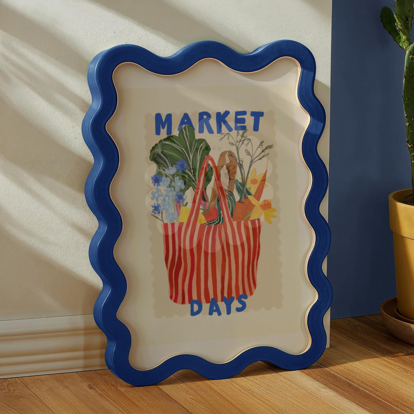 Hand Drawn Market Days Art Print Red: Colourful Fruit Market Decor, Vegetable, Stripes,