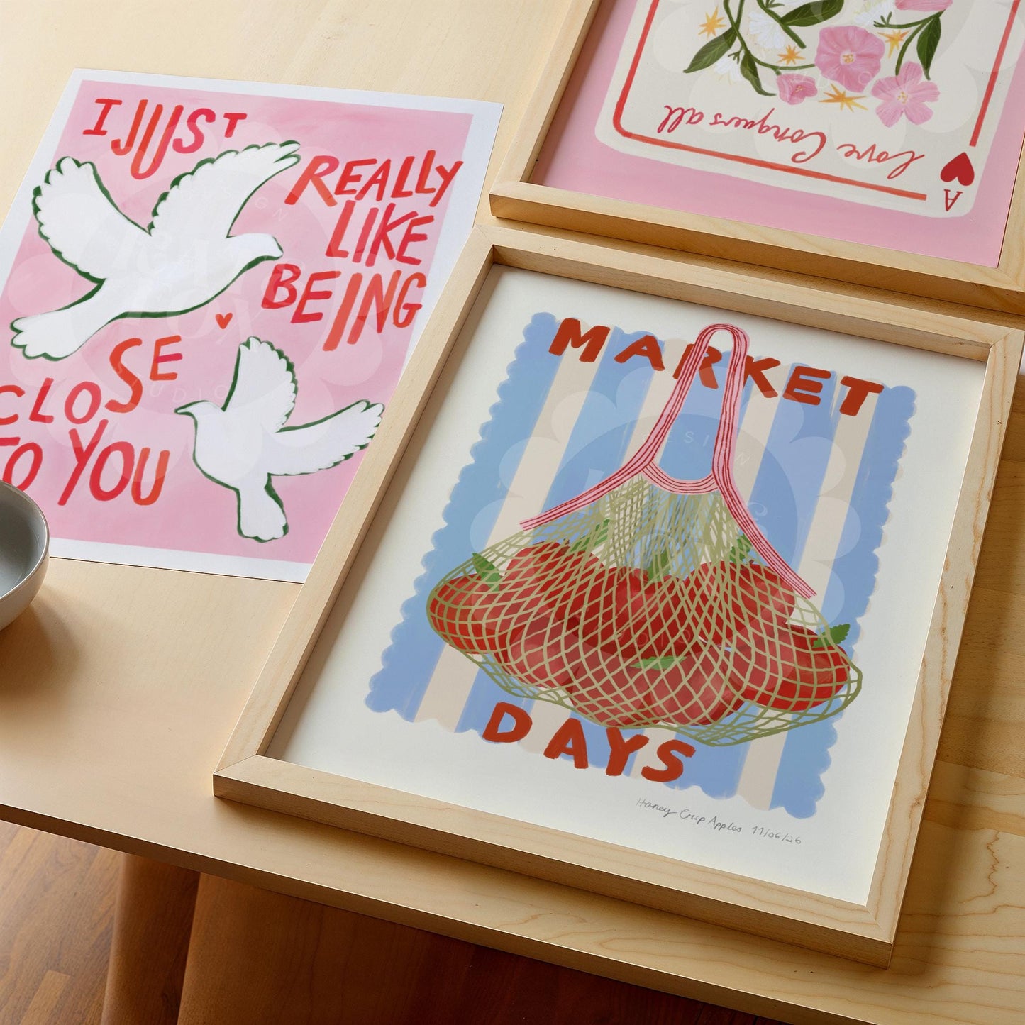 Hand Drawn Market Days Art Apple Print: Colourful Fruit Market Decor, Vegetable, Stripes,