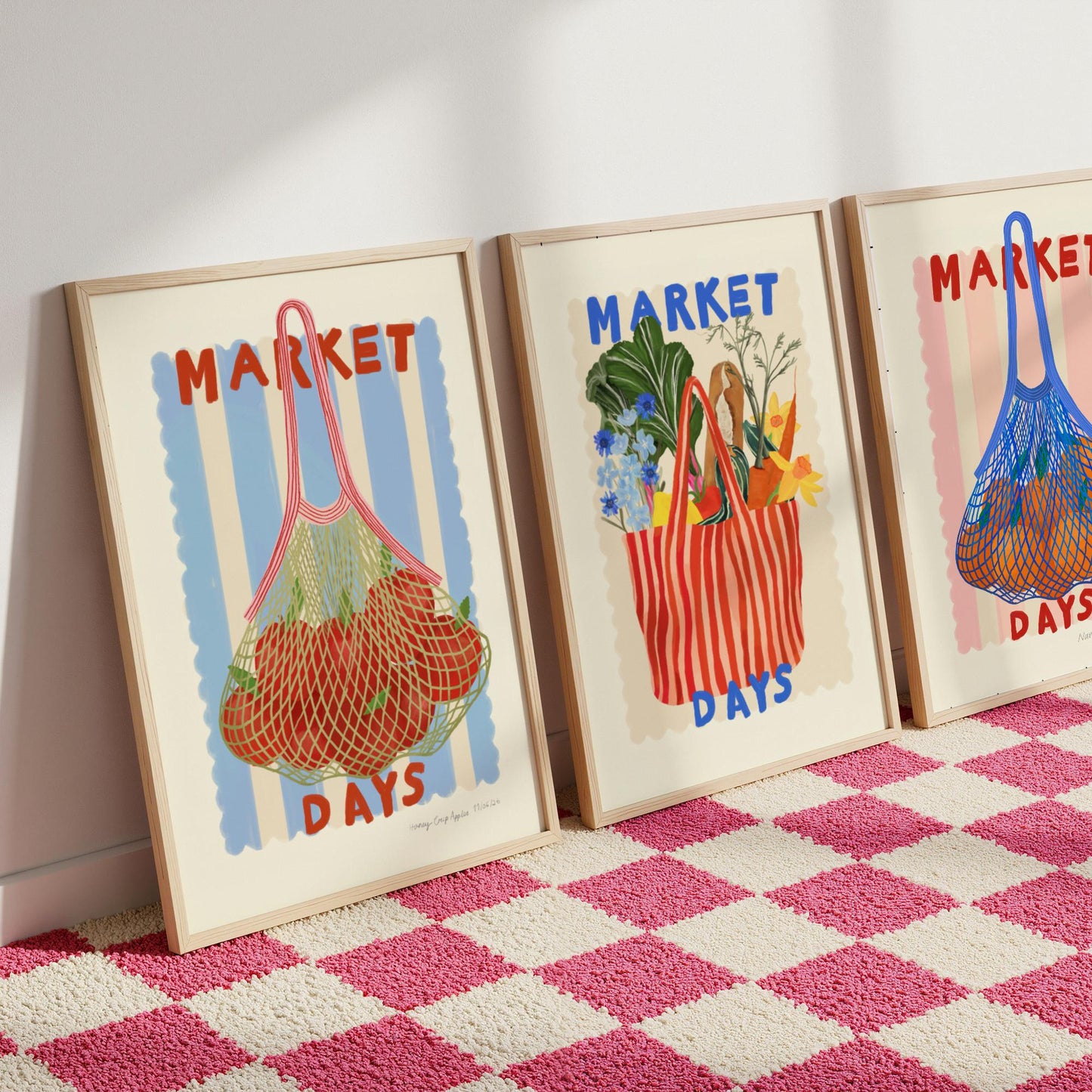 Hand Drawn Market Days Art Apple Print: Colourful Fruit Market Decor, Vegetable, Stripes,