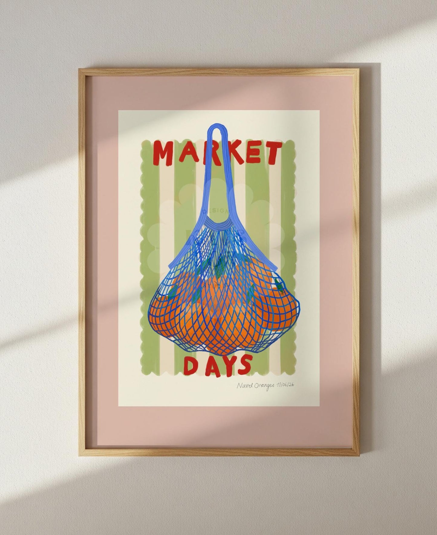 Hand Drawn Market Days Art Oranges Print: Colourful Fruit Market Decor, Vegetable, Stripes,