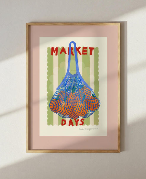 Hand Drawn Market Days Art Oranges Print: Colourful Fruit Market Decor, Vegetable, Stripes,