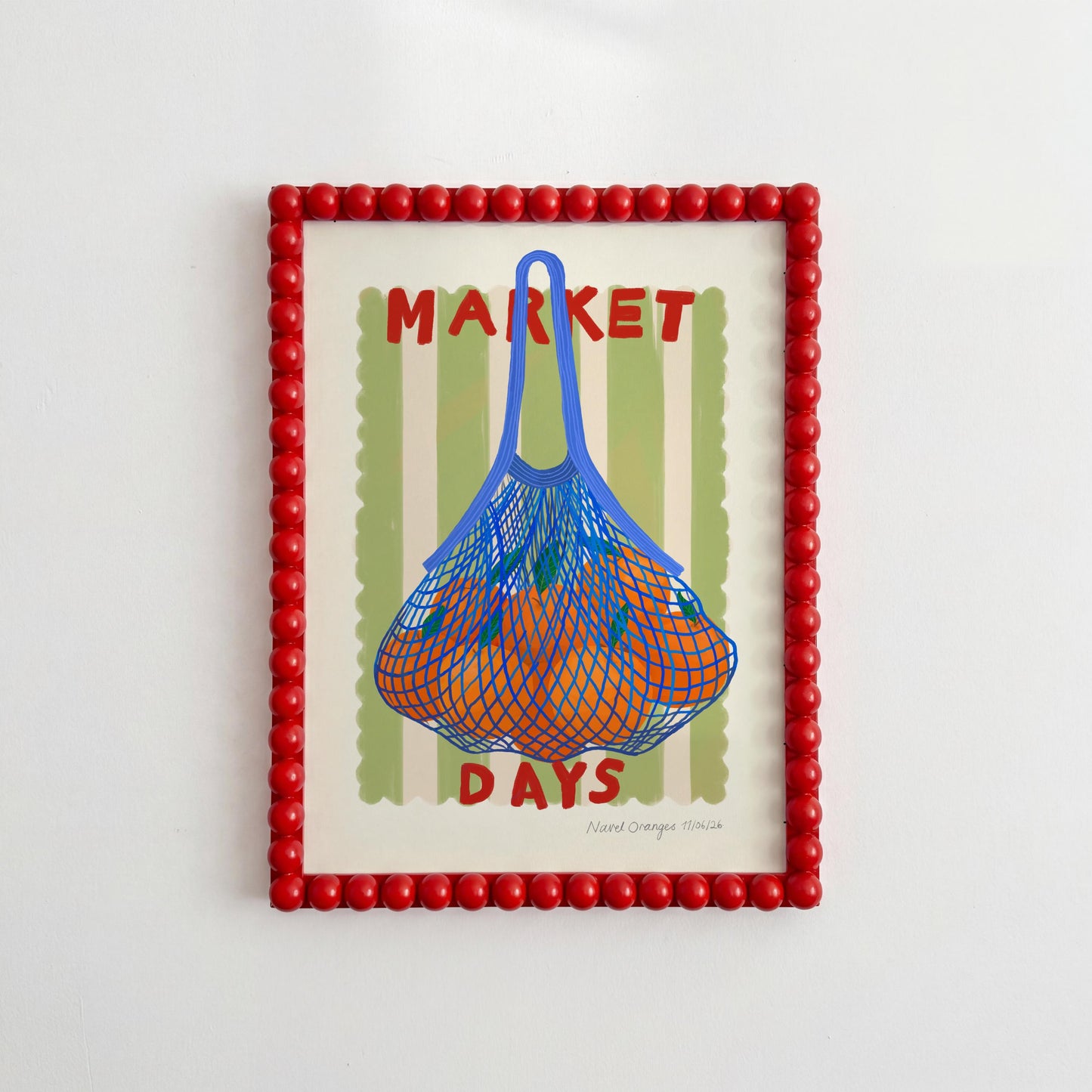 Hand Drawn Market Days Art Oranges Print: Colourful Fruit Market Decor, Vegetable, Stripes,