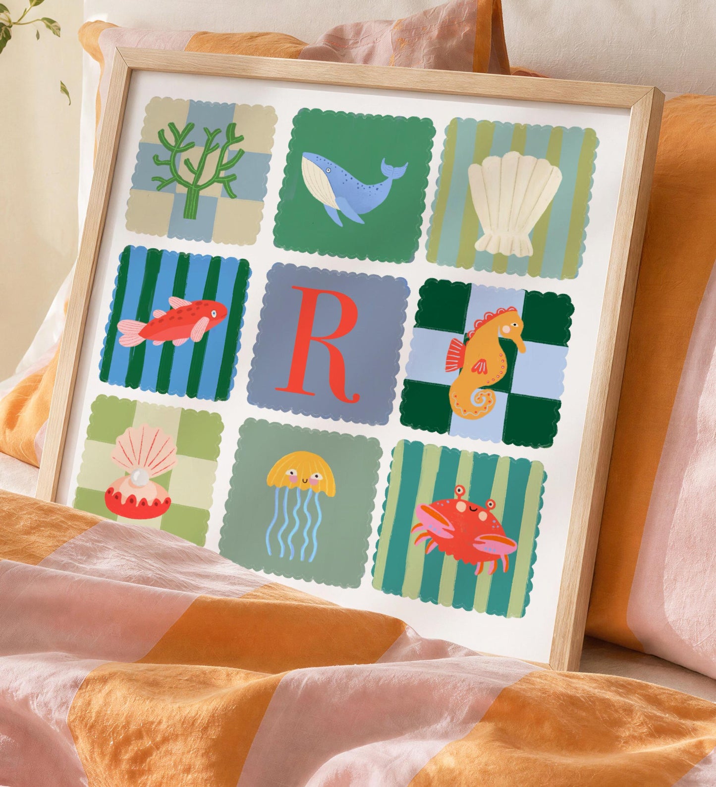 Personalized Ocean Letter Print: Colorful Kids Wall Art, Fish, Shell, Whale