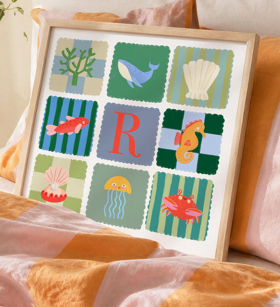 Personalized Ocean Letter Print: Colorful Kids Wall Art, Fish, Shell, Whale