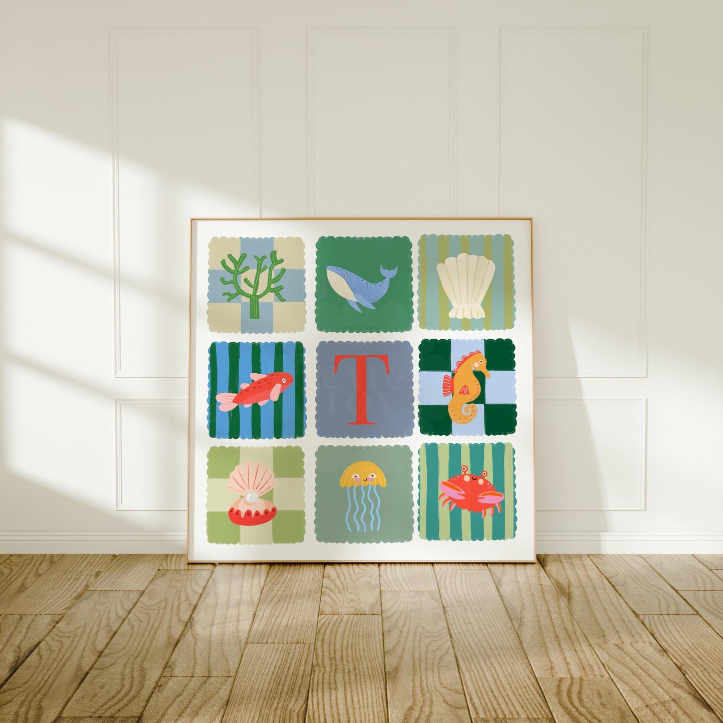 Personalized Ocean Letter Print: Colorful Kids Wall Art, Fish, Shell, Whale
