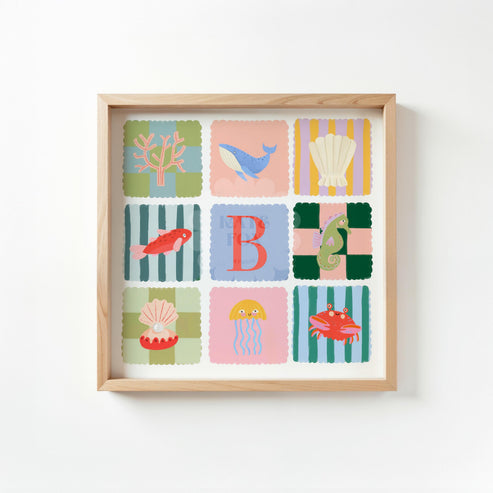 Pink Ocean Letter Print: Colorful Kids Wall Art, Fish, Shell, Whale
