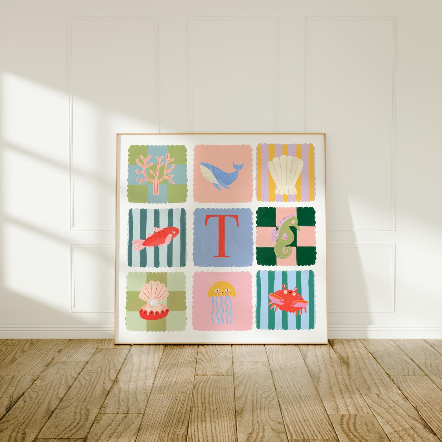 Pink Ocean Letter Print: Colorful Kids Wall Art, Fish, Shell, Whale