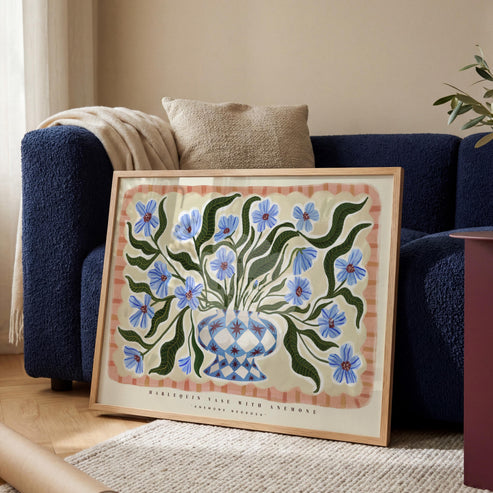 Harlequin Vasr Art Print: KateFoxDesign blue Floral Wall Art Landscape, Eclectic, Boho,