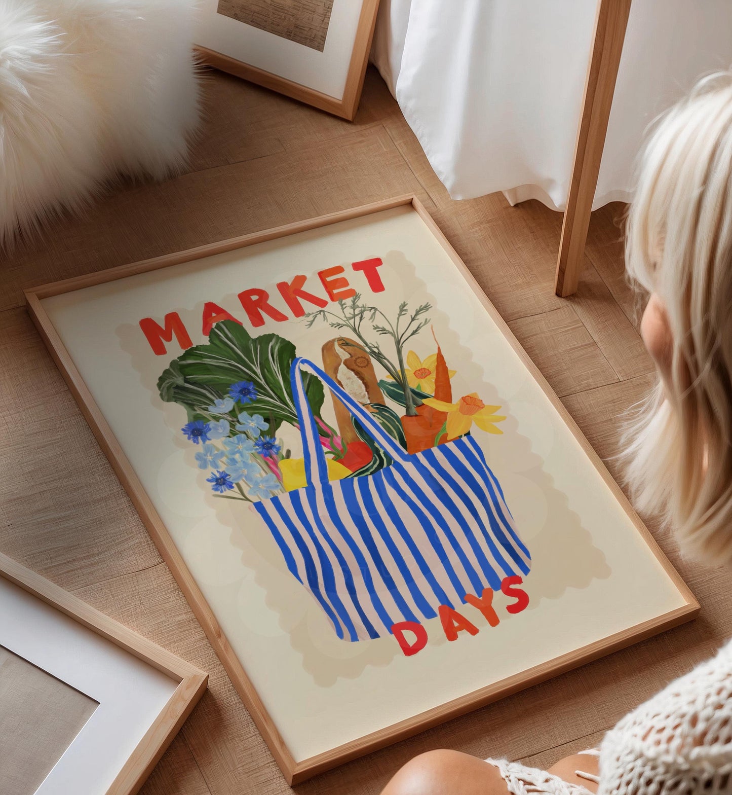Hand Drawn Market Days Art Print: Colourful Fruit Market Decor, Vegetable, Stripes,