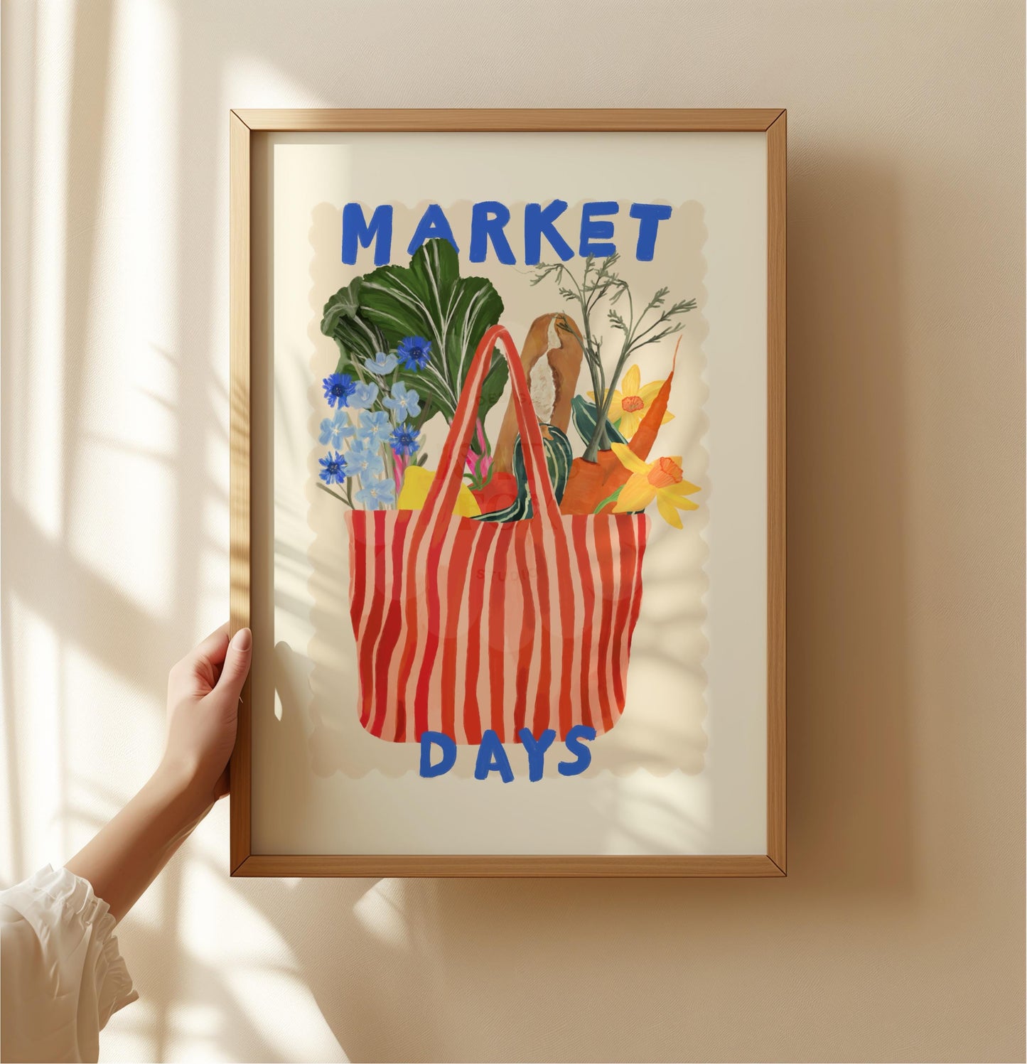 Hand Drawn Market Days Art Print Red: Colourful Fruit Market Decor, Vegetable, Stripes,