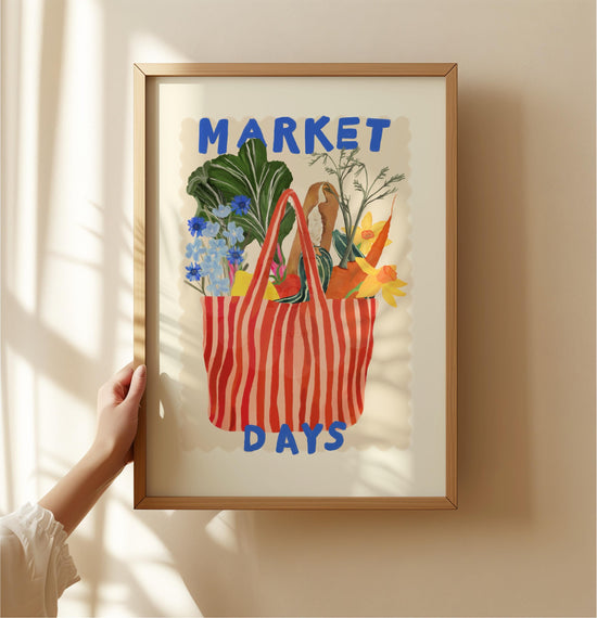 Hand Drawn Market Days Art Print Red: Colourful Fruit Market Decor, Vegetable, Stripes,