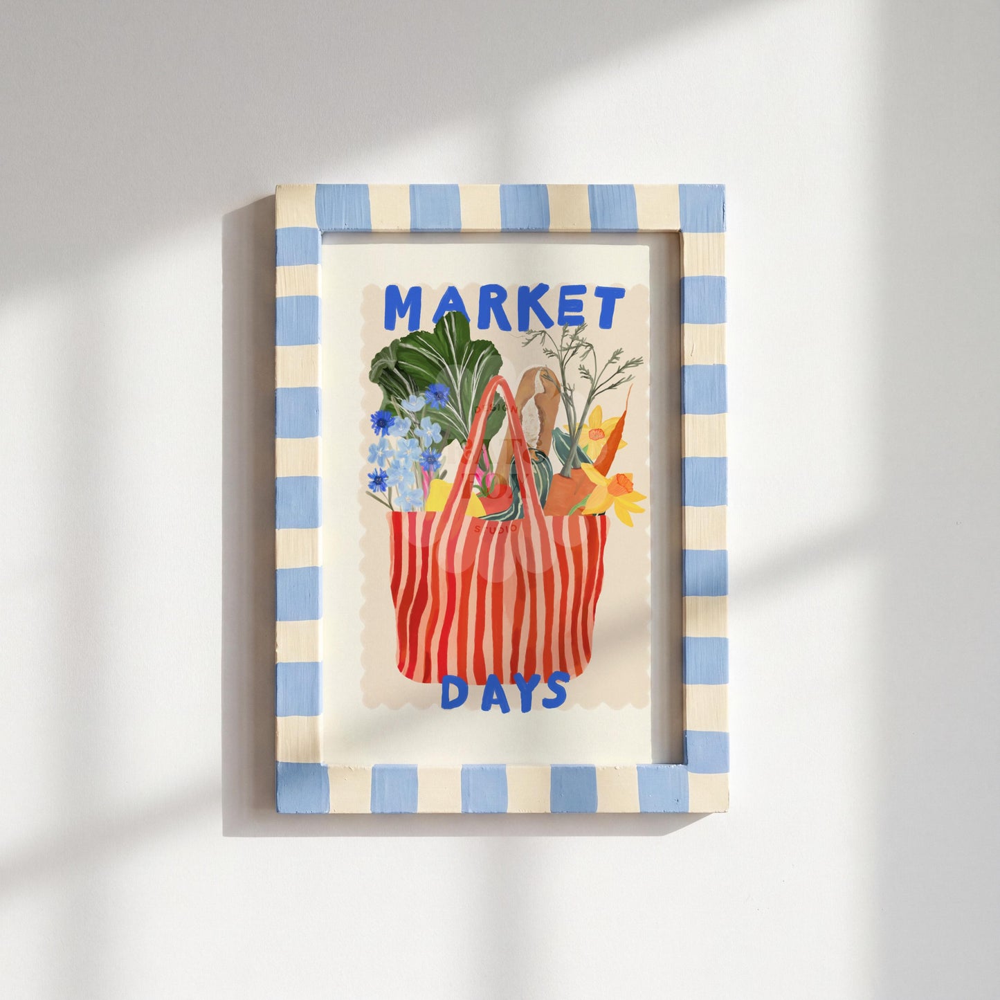 Hand Drawn Market Days Art Print Red: Colourful Fruit Market Decor, Vegetable, Stripes,