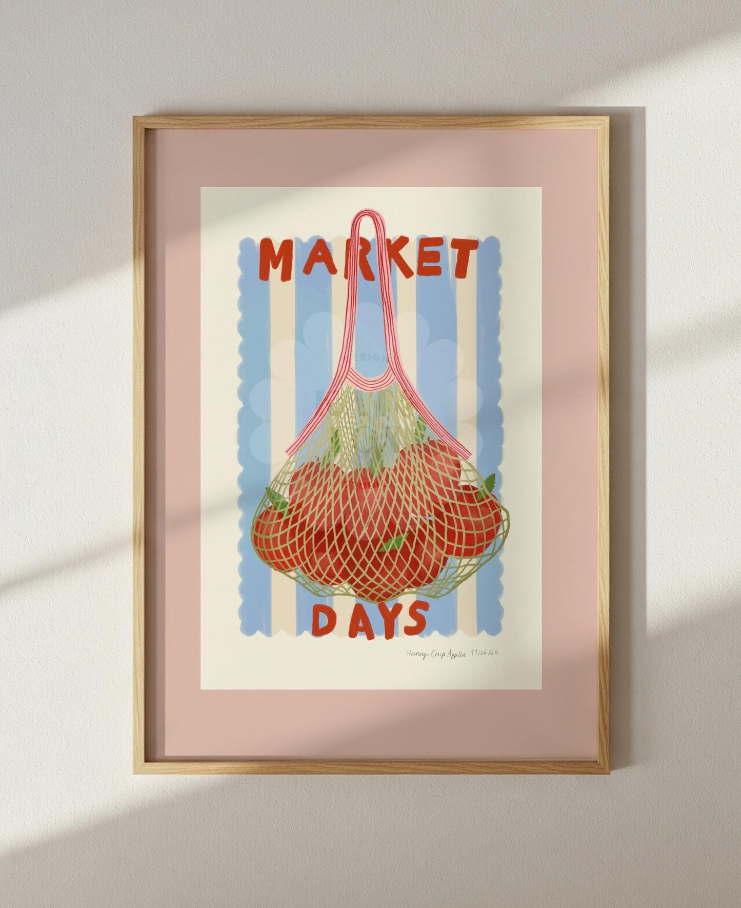 Hand Drawn Market Days Art Apple Print: Colourful Fruit Market Decor, Vegetable, Stripes,