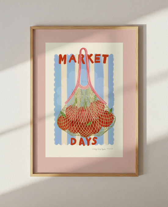 Hand Drawn Market Days Art Apple Print: Colourful Fruit Market Decor, Vegetable, Stripes,