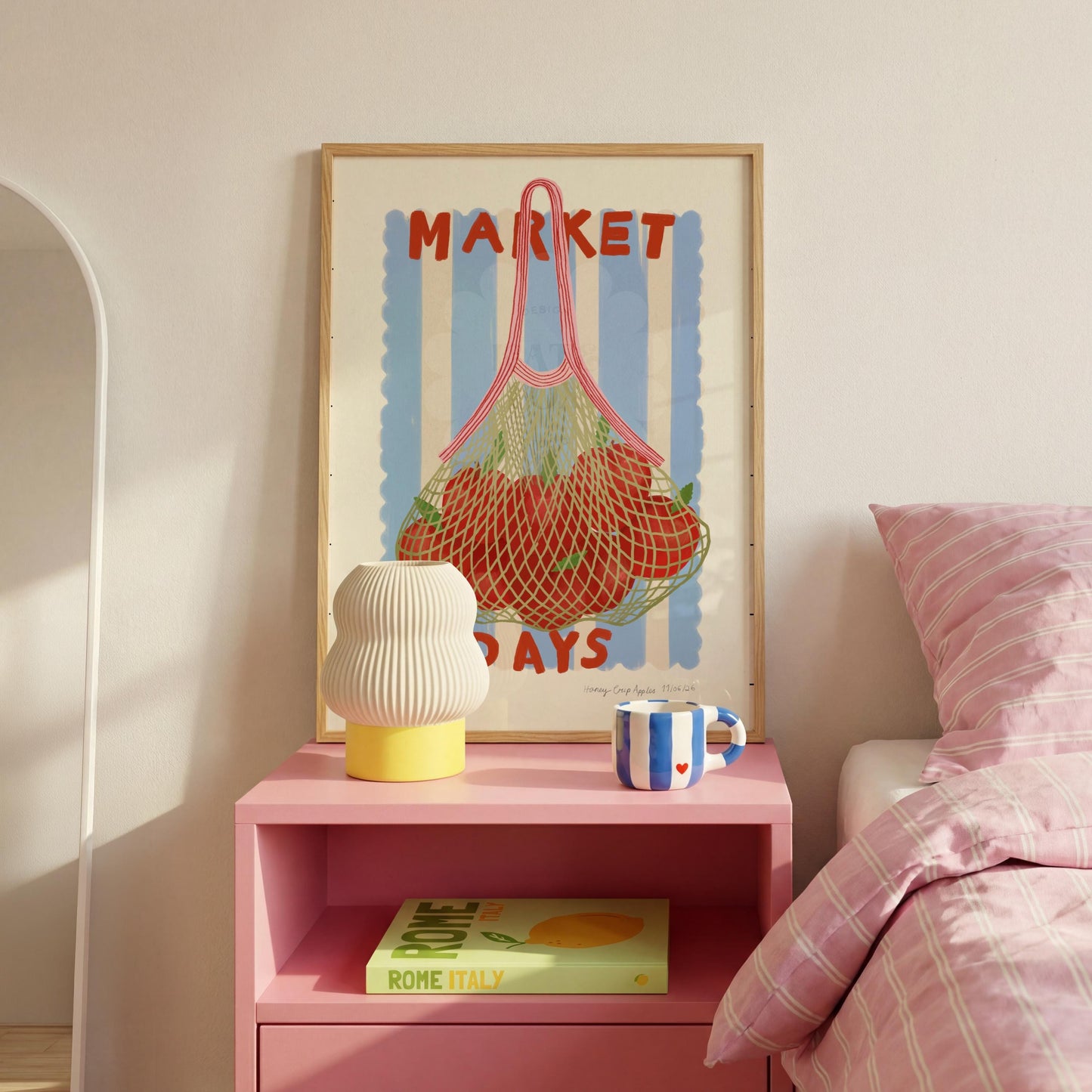 Hand Drawn Market Days Art Apple Print: Colourful Fruit Market Decor, Vegetable, Stripes,