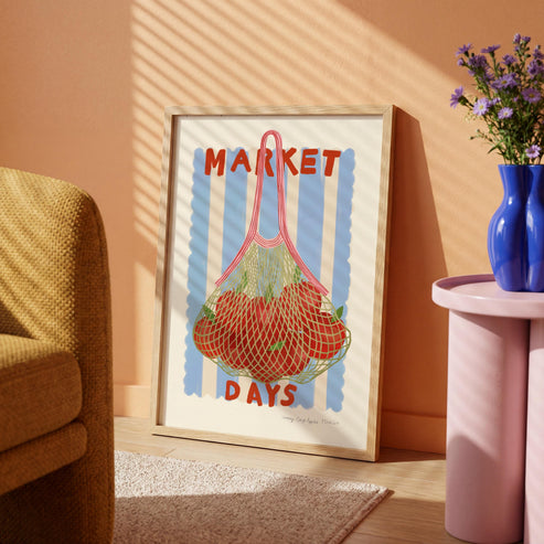 Hand Drawn Market Days Art Apple Print: Colourful Fruit Market Decor, Vegetable, Stripes,