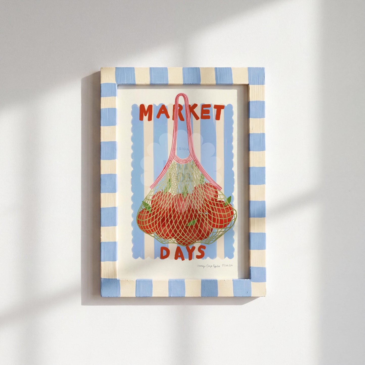 Hand Drawn Market Days Art Apple Print: Colourful Fruit Market Decor, Vegetable, Stripes,